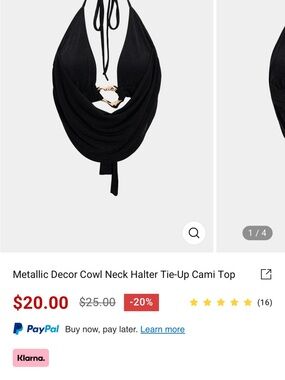 Micas Metallic Decor Cowl Neck Halter Tie-Up Cami Top - Black